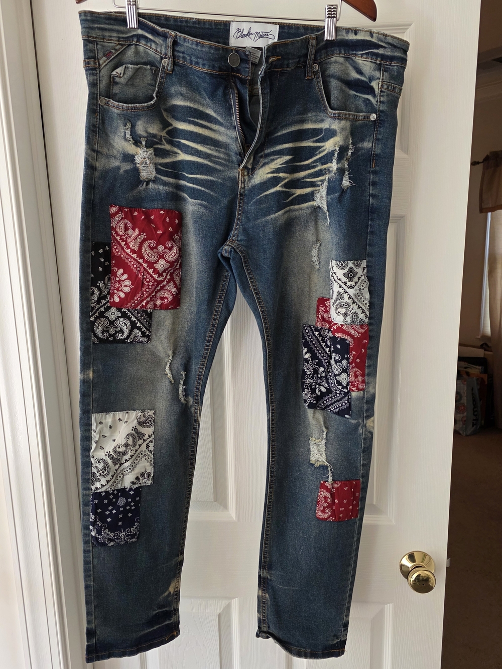 Men's Slim Straight Bandana Patch Jeans in Blue and Red - Unbranded